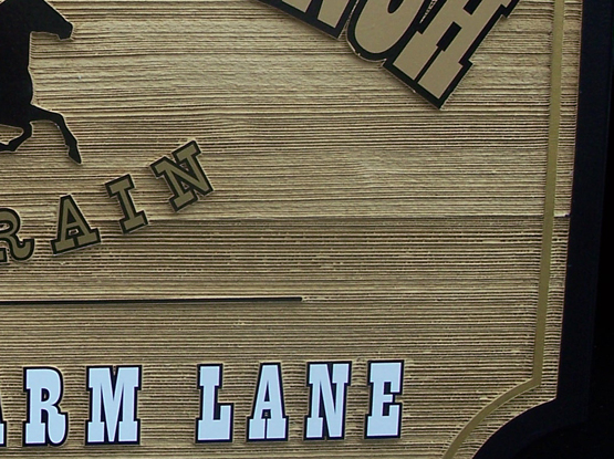 Typical sandblasted sign, although this one has a solid stain rather than the preferred semi transparent stain